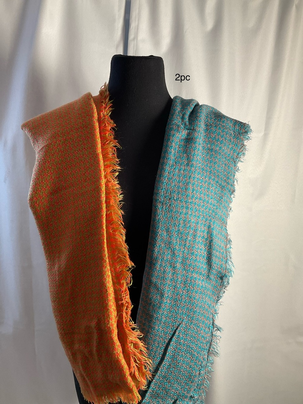 Two-Piece Fringed Woven Scarves — Orange & Teal